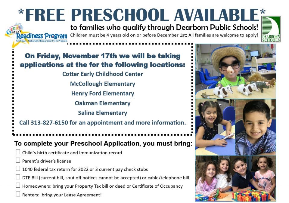 GSRP free preschool holding enrollment event at Henry Ford on Nov. 17