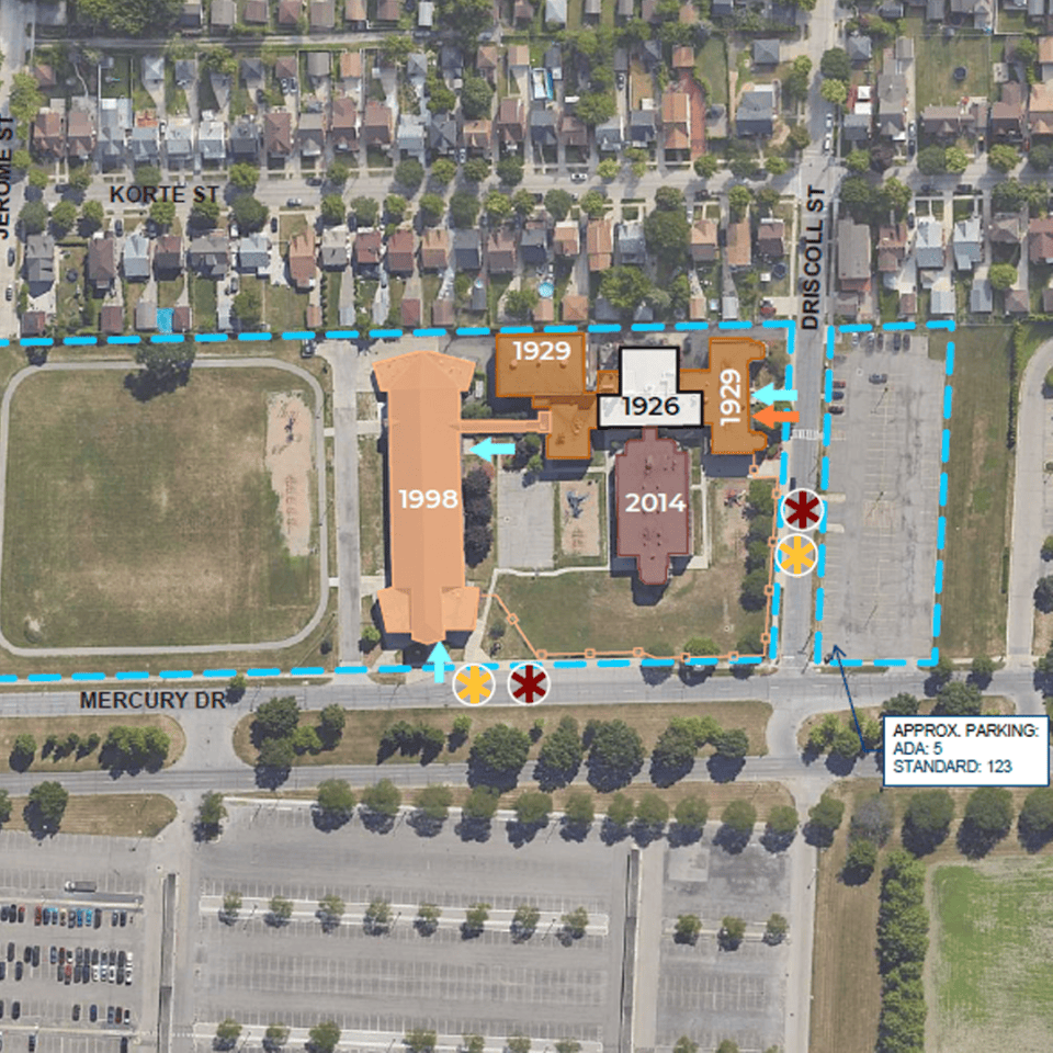An illustrated satellite photo shows when different sections of Henry Ford Elementary were constructed including 1926, 1929, 1998, and 2014.